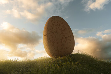 Large cracked egg on flower meadow in front of sunset. Happy easter concept. 3D Rendering