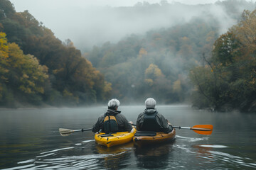 silver hair couple in a kayak floating by the river - obrazy, fototapety, plakaty