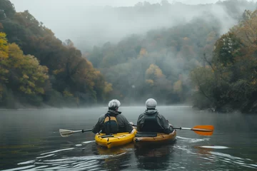 Kissenbezug silver hair couple in a kayak floating by the river © Marta