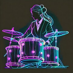 Neonowy rysunek perkusistki grającej na perkusji - obrazy, fototapety, plakaty