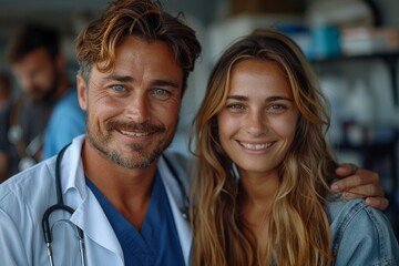 a smiling doctor with a stethoscope is standing next to his patient, in the style of cinematic storytelling - obrazy, fototapety, plakaty