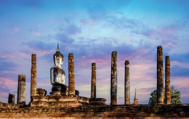 Wat Mahathat Sukhothai historical park at sunset, UNESCO site, World heritage site of Thailand. Travel destination of Thailand.