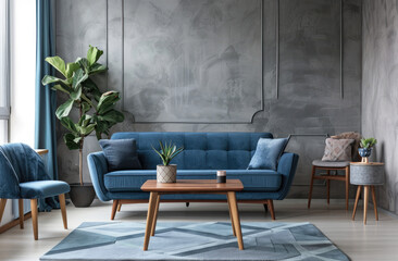 Minimalist living room with a blue sofa, grey walls and carpet, a wooden coffee table, chairs, a plant in a pot on a sideboard, geometric pattern decorations on the wall