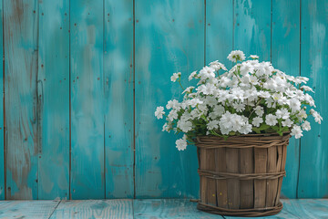 White flowers in wooden basket on turquoise blue background. Generative AI.