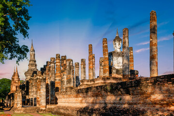 Wat Mahathat Sukhothai historical park at sunset, UNESCO site, World heritage site of Thailand. Travel destination of Thailand.