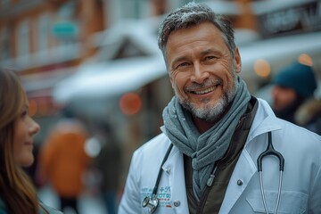 Fototapeta premium a smiling doctor with a stethoscope is standing next to his patient, in the style of cinematic storytelling