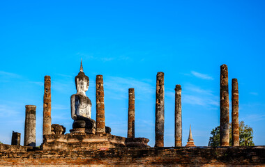 Wat Mahathat Sukhothai historical park at sunset, UNESCO site, World heritage site of Thailand....