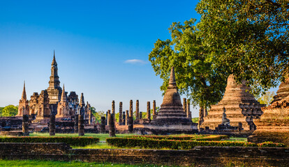 Wat Mahathat Sukhothai historical park at sunset, UNESCO site, World heritage site of Thailand. Travel destination of Thailand.