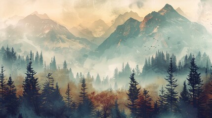 a captivating vintage landscape, misty autumn fir forest enveloped in fog, with rugged mountains and towering trees. Embrace hipster retro vibes - 767915928
