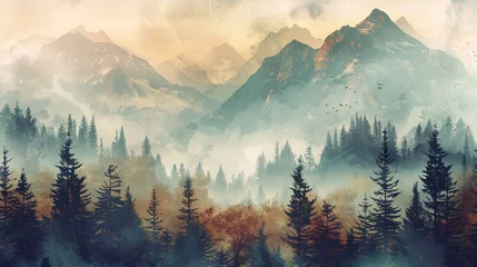 Foto op Canvas a captivating vintage landscape, misty autumn fir forest enveloped in fog, with rugged mountains and towering trees. Embrace hipster retro vibes © growth.ai