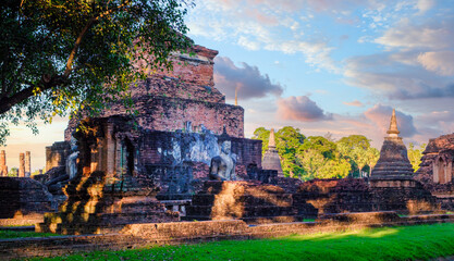 Wat Mahathat Sukhothai historical park at sunset, UNESCO site, World heritage site of Thailand....