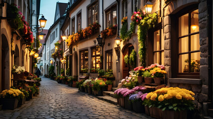 A charming cobblestone street in an old European town, lined with quaint cafes and flower-filled...