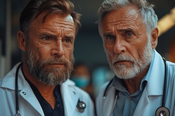 a smiling doctor with a stethoscope is standing next to his patient, in the style of cinematic storytelling