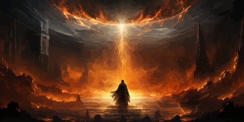 wizard summoning the phoenix from hell, digital art style, illustration painting - obrazy, fototapety, plakaty