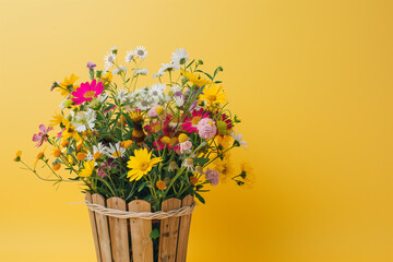 Colorful flowers in wooden basket on yellow background. Generative AI.