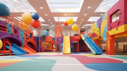 Energetic and colorful children's indoor gymnasium with climbing structures and soft floors - obrazy, fototapety, plakaty