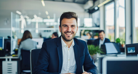 Smiling businessman at desk in a modern office, team working on tech behind him. Dynamic workplace vibe. - obrazy, fototapety, plakaty