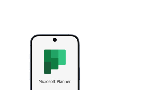 Microsoft Planner logo is displayed on a modern smartphone, white background, planning application available on the Microsoft 365 platform, team management, file sharing, and organization