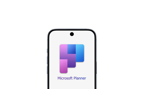 New Microsoft Planner logo is displayed on a modern smartphone, white background, planning application available on Microsoft 365, Copilot, artificial intelligence, management, sharing, organization