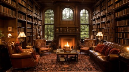 English Tudor library with coffered ceilings, leaded glass windows, paneled walls, and cozy inglenook fireplaces