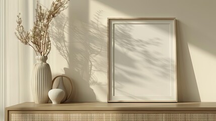 3D mockup of a sideways picture frame sitting on an elegant sideboard. Has natural lighting and is shown in closeup with highly detailed that create a serene atmosphere and a dreamy mood. 