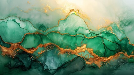 AI generated illustration of an alcohol ink painting of green and gold colors
