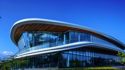 A contemporary office building showcasing modern architecture with a curved design, expansive glass...