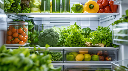 Fresh green vegetables in the refrigerator. 
