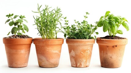 5 types of garden herbs in pots, white background, photographic  