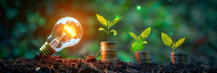 A light bulb glowing with coins and a plant growing on the ground,  financial growth concept,banner - obrazy, fototapety, plakaty