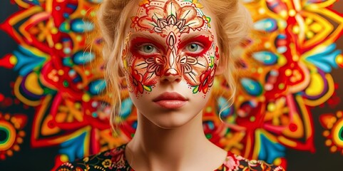 AI-generated illustration of a woman's portrait with vibrant face art - obrazy, fototapety, plakaty