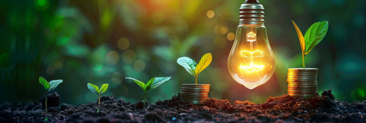 A light bulb glowing with coins and a plant growing on the ground,  financial growth concept,banner - obrazy, fototapety, plakaty