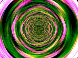 Vortex with circle shapes, green and pink colors - abstract graphic with effect of depth of space, motion, rotation, blur, infinity and mixing colors. Topics: texture, pattern, computer art
