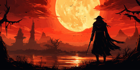 A man is standing in front of a large red moon