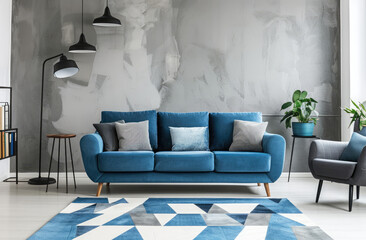 Minimalist living room with a blue sofa, grey walls and carpet, a wooden coffee table, chairs, a plant in a pot on a sideboard, geometric pattern decorations on the wall