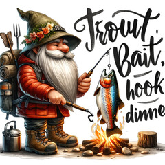 Trout fishing. Cartoon fishing gnome with text "Trout: bait, hook, dinner." Transparent background.