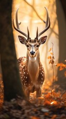 A deer with antlers stands in a forest with autumn leaves on the ground