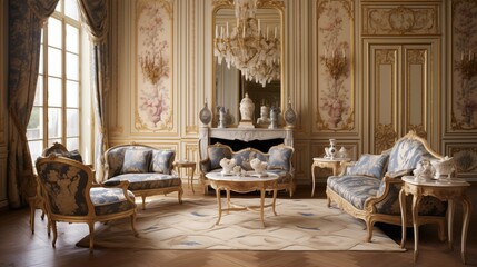 French Provincial salon featuring Versailles patterned parquet, ornate gilded mirrors, and Toile de Jouy upholstery - obrazy, fototapety, plakaty