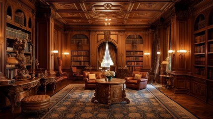 French Renaissance-inspired library of carved paneling, coffered ceilings, inlaid checkerboard floors, and reading inglenooks