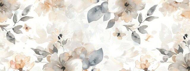 Watercolor background patter with flowers and butterflies
