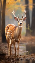 A deer stands in a forest with its antlers on display