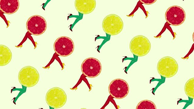 Stop motion, animation. Female legs in bright tights sticking out citrus, lemon and grapefruit. Sweet and sour cocktail. Concept of art, creativity, food, design, surrealism. Abstract creative design