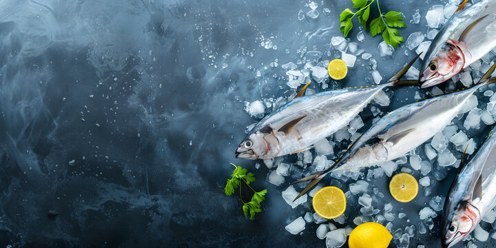Banner Fresh fish on a wooden background with lemon and herbs. Concept template for International Tuna Day, advertising, menu and restaurants flat lay with copyspace