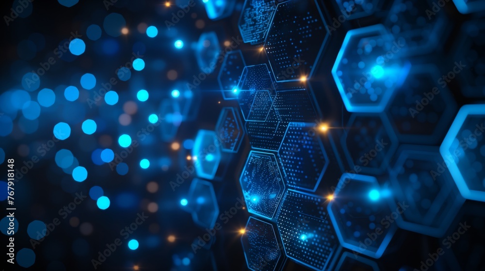 Wall mural abstract futuristic technology background with hexagons and glowing neon lights in blue color. digit