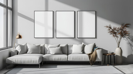 Blank picture frame mockup on gray wall White living room, generative Ai