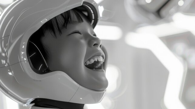 A joyful young kid experiencing the thrill of space exploration by wearing an astronaut helmet and laughing heartily in a simulated environment.