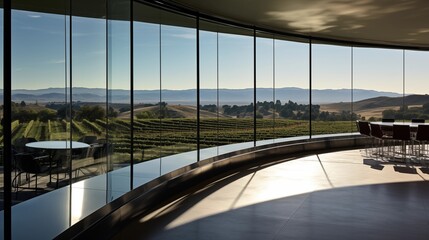 Glass and steel modern winery tasting room overlooking vineyards and barrel room
