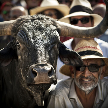 A picture of an old man smiling next to a bull