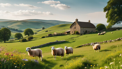 A peaceful countryside scene, with rolling green hills dotted with grazing sheep and a rustic stone farmhouse nestled among fields of wildflowers