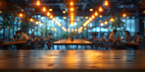 Wooden tabletop with blurred cafe background. Evening ambiance with hanging lights. Hospitality and leisure concept